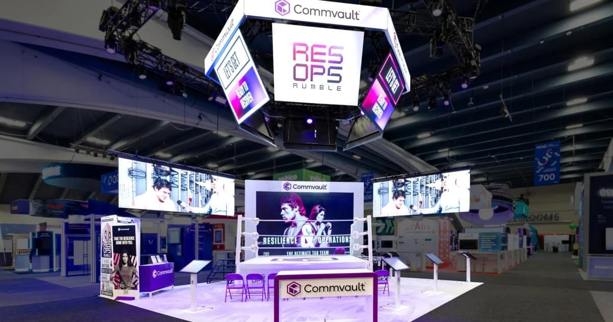 Sparks-designed Commvault ResOps Rumble booth at RSAC 2026 — First Place winner in the Massive Booth category at the Cybersecurity Marketing Society's 2026 Beautiful Booth Awards.