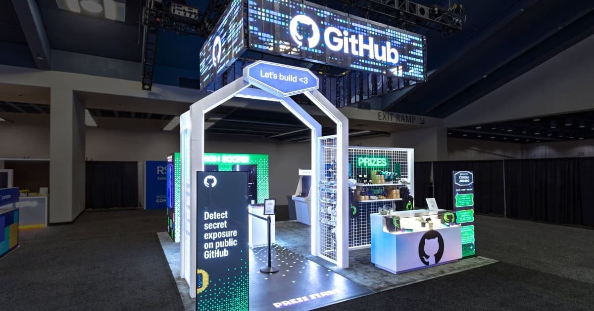 Sparks-designed GitHub "Let's Build" booth at RSAC 2026 — secure software development lifecycle exhibit for developer and security teams.