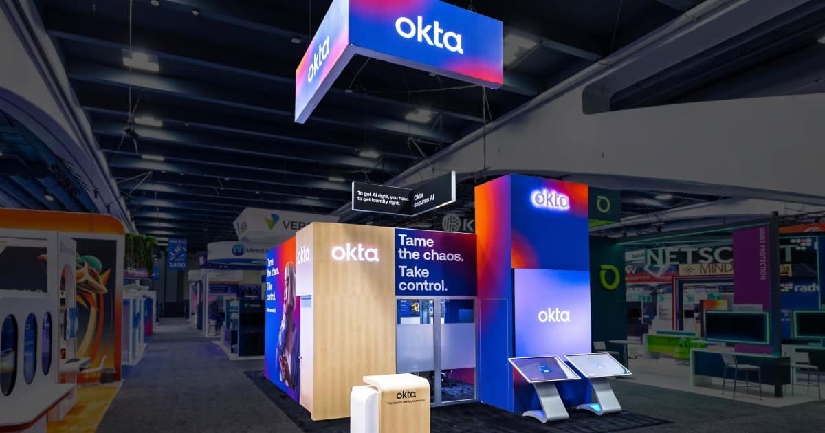 Sparks-designed Okta "Tame the Chaos" booth at RSAC 2026 — identity and access management exhibit addressing the new perimeter of hybrid work and AI agents.