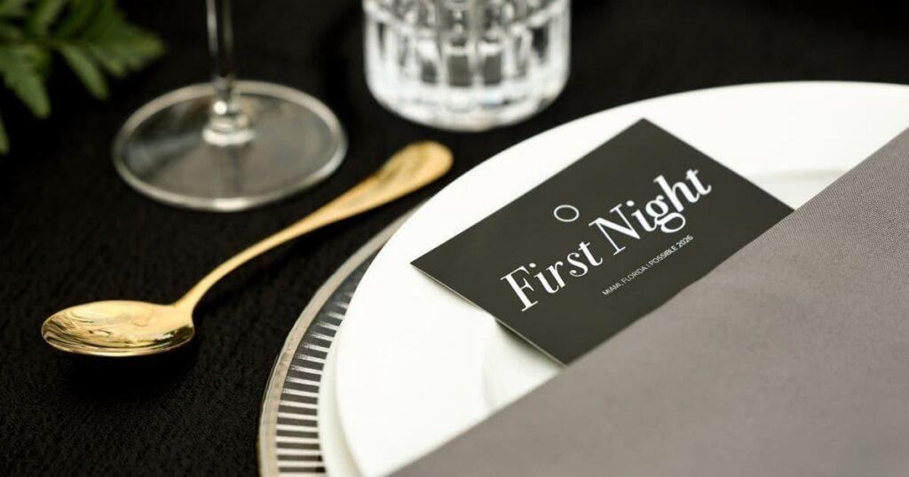 Custom place cards and table styling detail at Sparks and The Ad Council's First Night dinner at Soho Beach House Miami — table design for the private CMO gathering on the eve of POSSIBLE 2026.