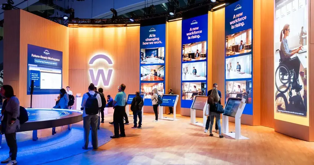 Interactive demo towers on the Workday Rising 2025 expo floor