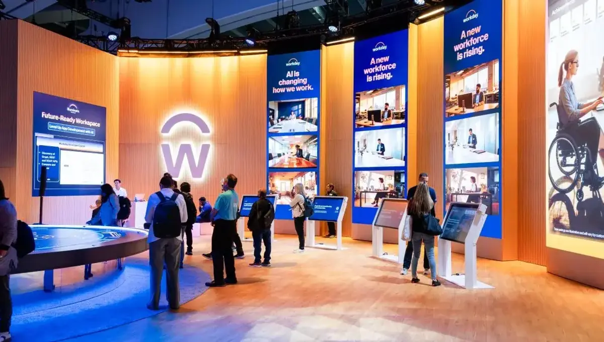 Interactive demo towers on the Workday Rising 2025 expo floor