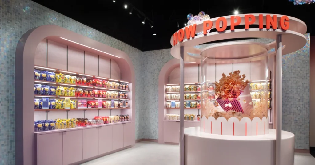 Now Popping popcorn boutique at Netflix House Philadelphia featuring a central illuminated kiosk, pink curved walls, and arched shelving with packaged popcorn.