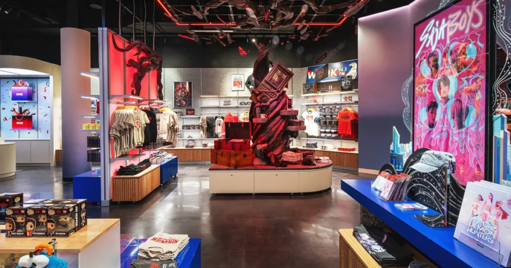 Stranger Things retail anchor at Netflix House Philadelphia featuring an overhead red lightbox sign, a twisted Vecna tree column, and themed product displays.
