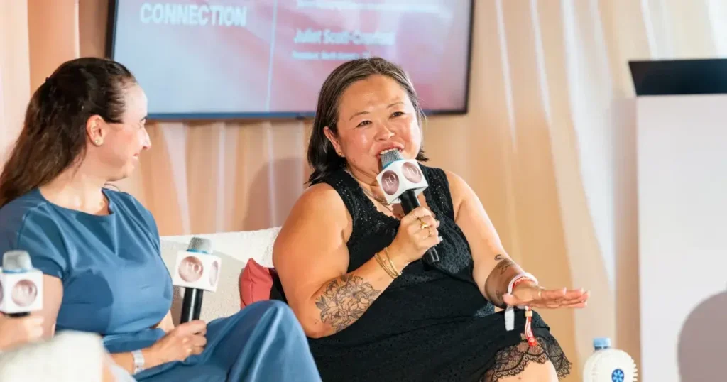 Judy Lee, Senior Managing Director of Pinterest's House of Creative, speaks at the From Moments to Movements panel at FQ Beach, Cannes Lions 2026