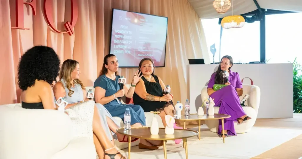 Juliet Scott-Croxford, President of Q5 North America, speaks during the From Moments to Movements panel at FQ Beach, Cannes Lions 2026