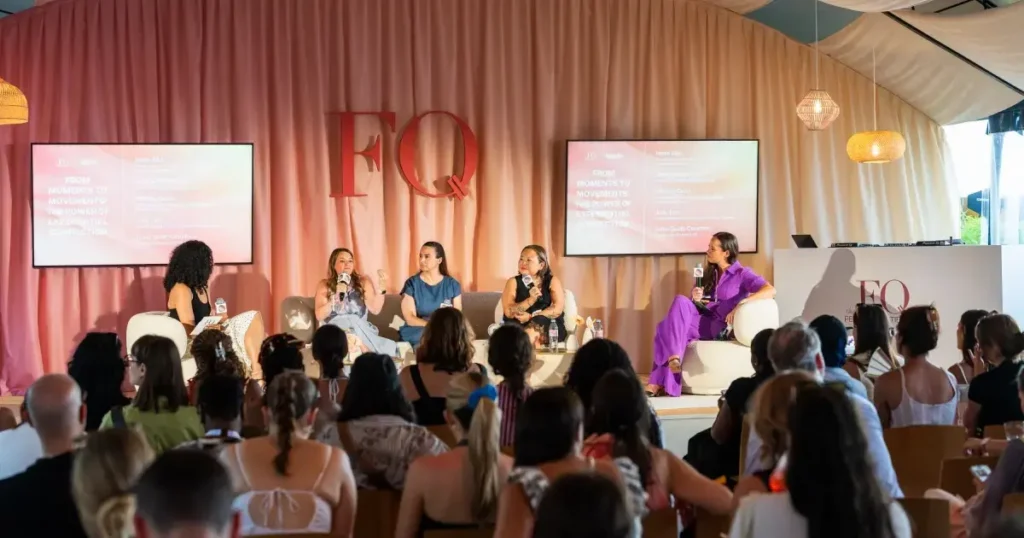 Audience view of the From Moments to Movements panel at FQ Beach, with leaders from Sparks, Pinterest, Kimberly-Clark, Q5, and CultureCon on stage at Cannes Lions 2026