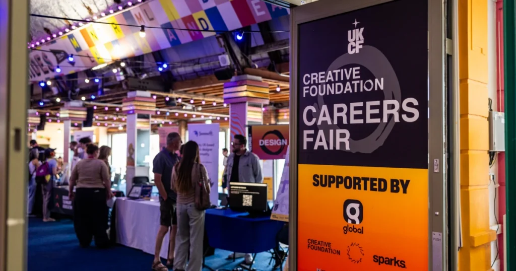 The UKCF Creative Foundation Careers Fair signage listing Sparks and Global as supporters during the UK Creative Festival 2026 in Margate.