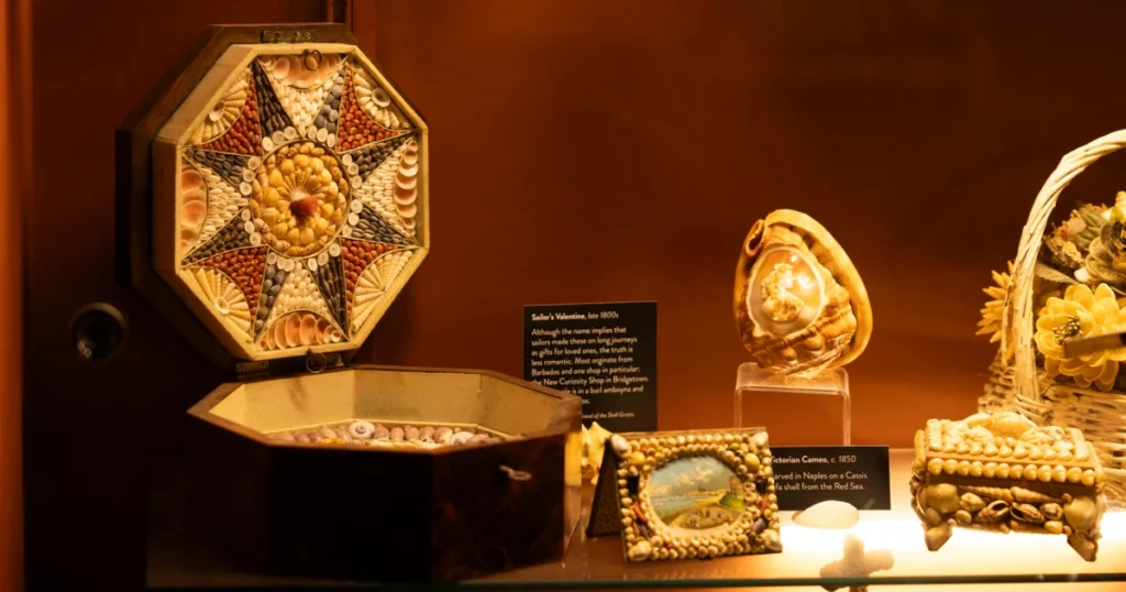 Victorian-era shell art and decorative objects on display inside the Shell Grotto in Margate, visited by Sparks guests during the UK Creative Festival 2026.