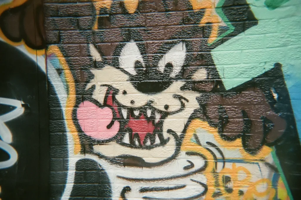 Sparks-hosted CEMA Summit 2026 disposable-camera photo — a snarling cartoon cat mural in Toronto's Graffiti Alley, captured by a CEMA Summit attendee on the Sparks-led walking tour.