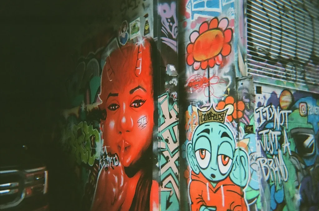 Sparks-hosted CEMA Summit 2026 disposable-camera photo — a vibrant female-portrait mural with orange floral accents in Toronto's Graffiti Alley, captured by a CEMA Summit attendee on the Sparks-led walking tour.