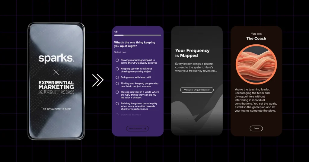 An event marketing leader holds a phone displaying the Sparks Creative Technology CMO survey — the mobile version of the five-question leadership assessment that mapped more than 150 senior marketers to one of five leadership archetypes at Experiential Marketing Summit, Journal House at Cannes Lions, and AdWeek Marketing Vanguard Summit 2026.