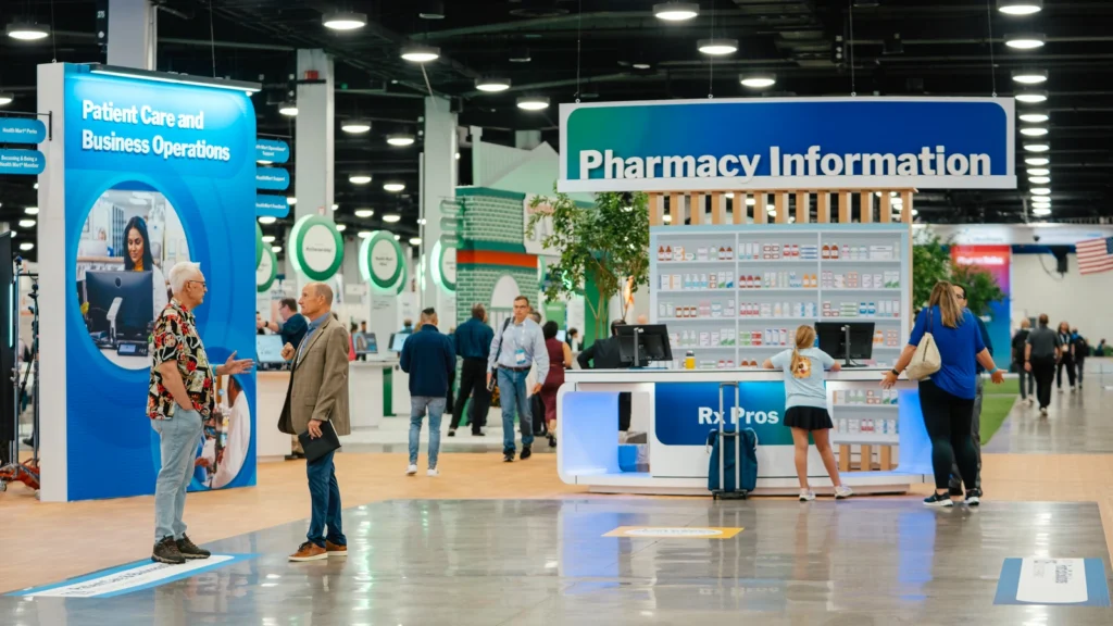 Independent pharmacists walk the Sparks-designed Main Street USA-themed McKesson ideaShare 2025 tradeshow floor — Patient Care & Business Operations and Pharmacy Information storefronts along the central street at the Gaylord Opryland Resort & Convention Center in Nashville.
