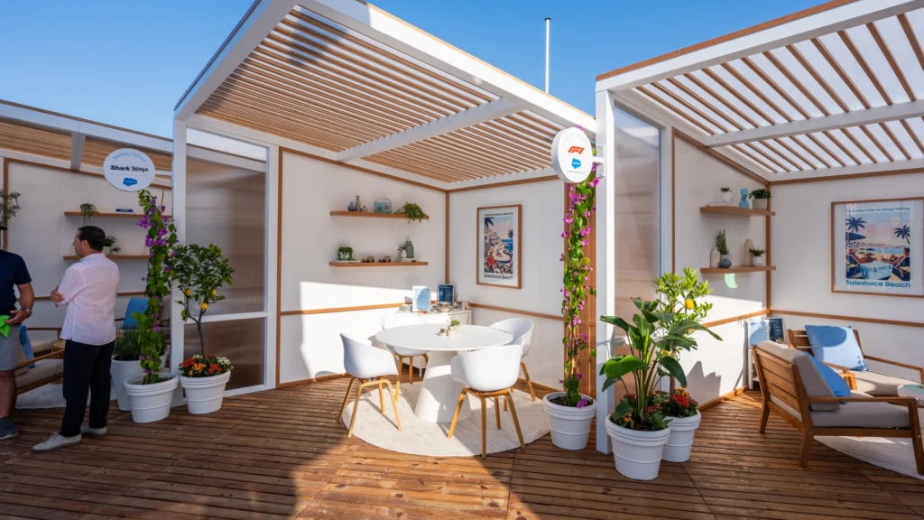 Meeting cabana with Shark NINJA and Formula 1 sponsor badges, "Champagne sprayed, laptop shut" and "The perfect tide for doing nothing" Salesforce Beach travel posters, bougainvillea and lemon trees at the Sparks-designed Cannes Lions 2026 activation.