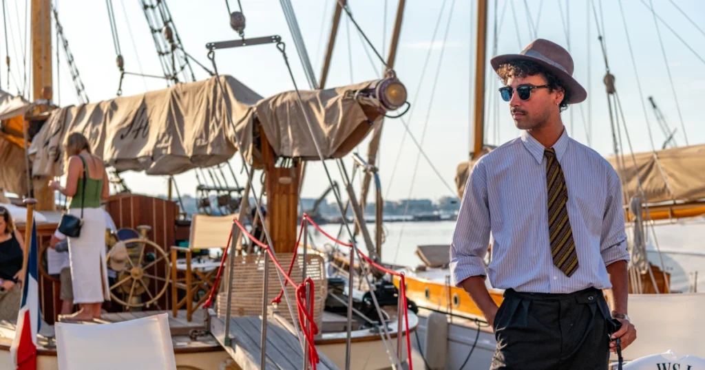 Sparks-cast host in 1920s Riviera attire — fedora, striped tie, and sunglasses — dockside beside a WSJ-branded life ring at the Sparks-produced Riviera at Dawn for The Wall Street Journal at Cannes Lions 2026.