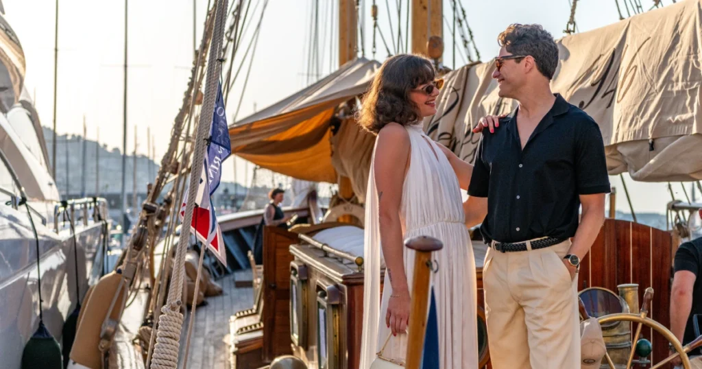 Two Sparks-cast hosts in 1920s Riviera attire conversing on the deck of the O'Remington at golden hour at the Sparks-produced Riviera at Dawn for The Wall Street Journal at Cannes Lions 2026.