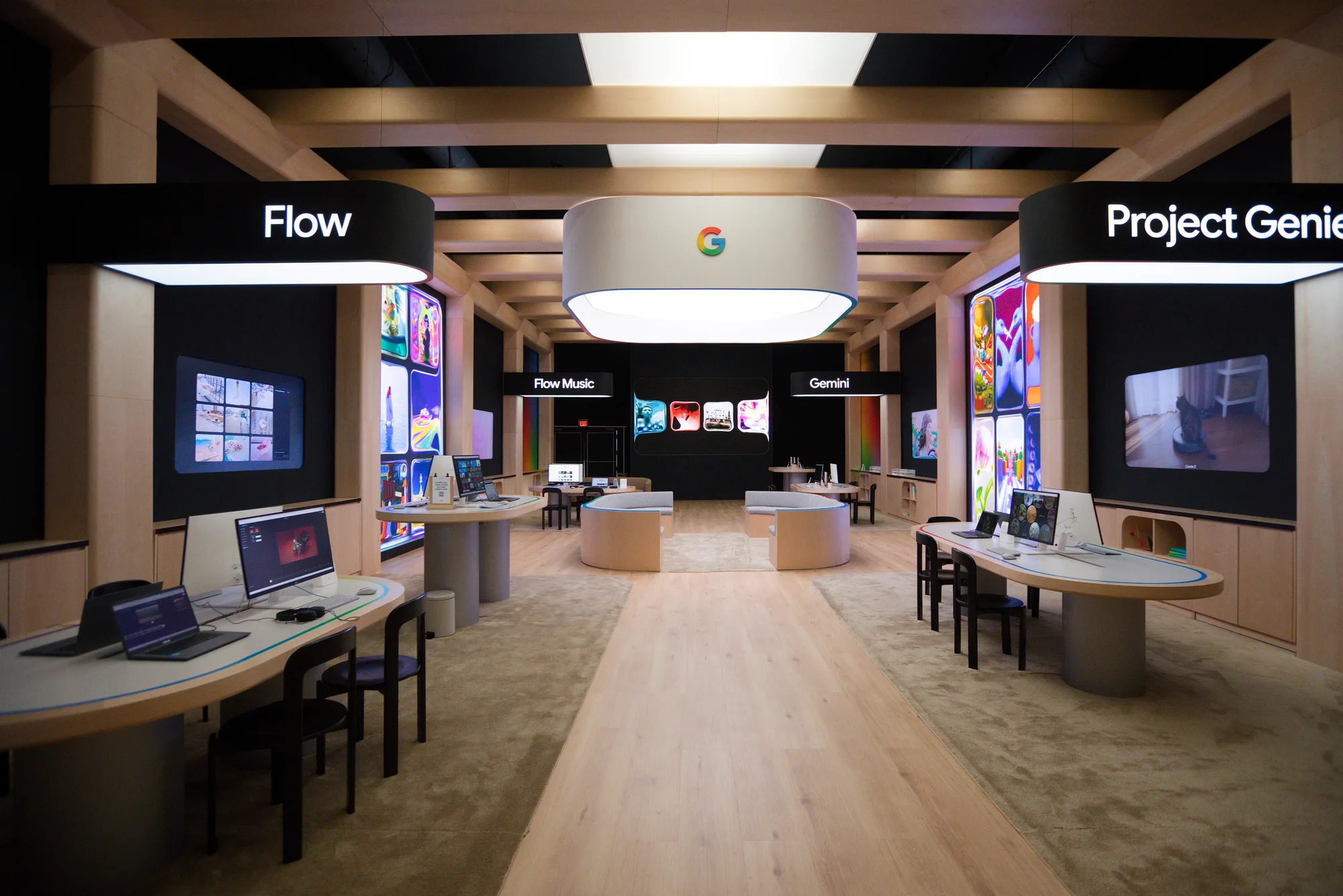 Wood-framed AI Creativity Space interior with Flow, Gemini and Project Genie stations
