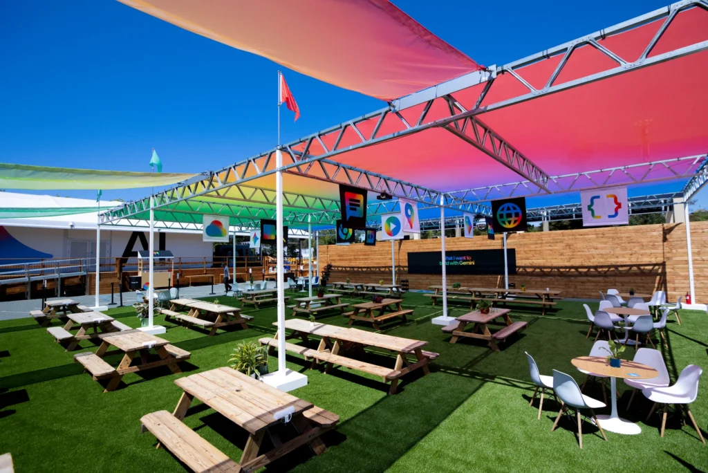 Turf, picnic tables and shade canopies Sparks built over Shoreline Amphitheatre's parking lots