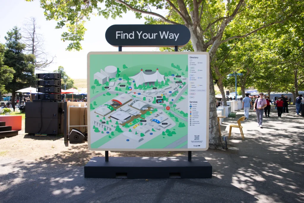 Illustrated Find Your Way map guiding attendees around the temporary event campus