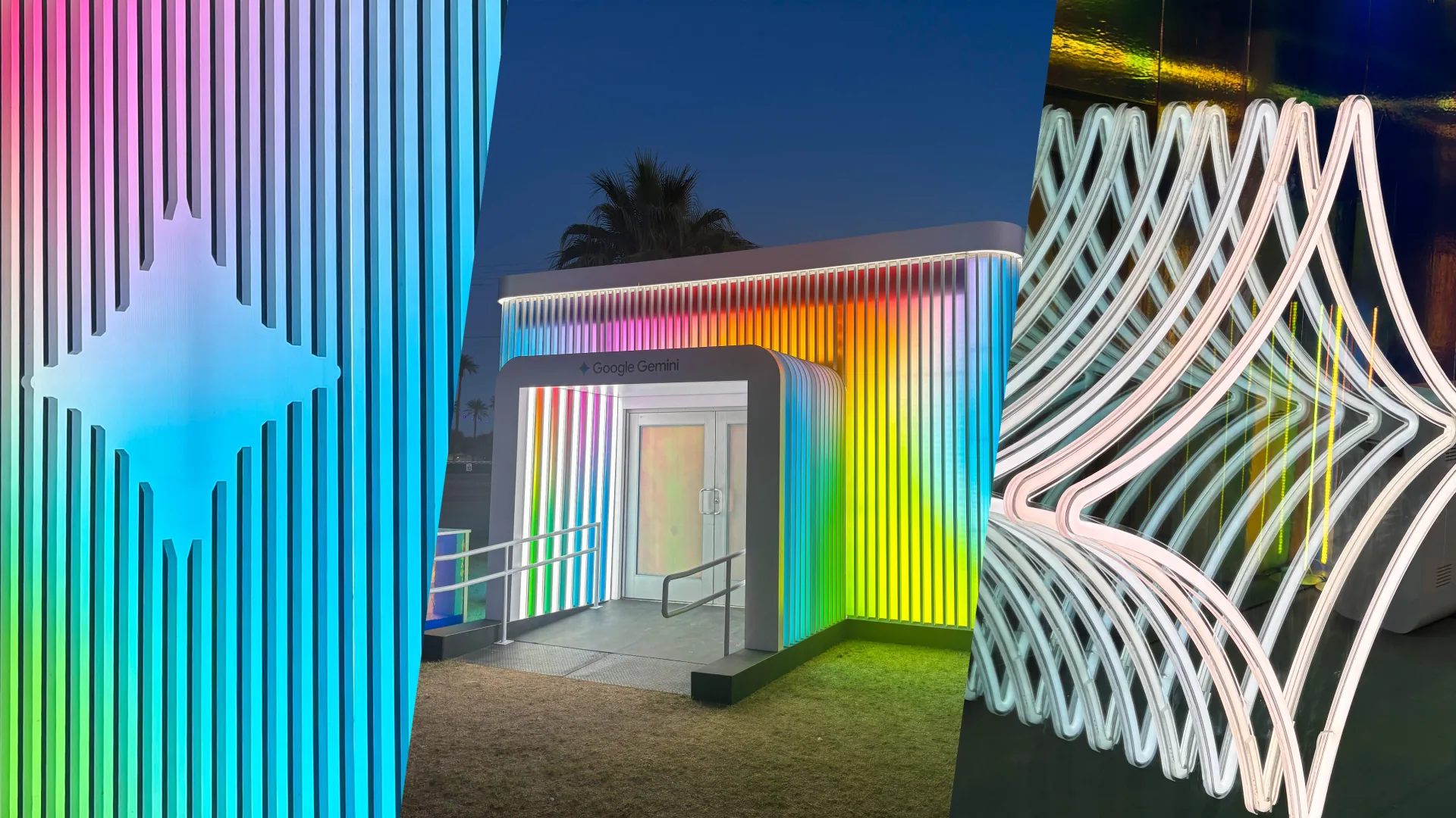 Illuminated Google Gemini activation at Coachella framed by rainbow fins and neon spark sculpture