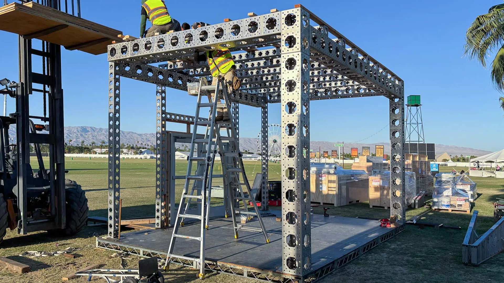 Steel frame of the Sparks-built Gemini activation under construction on the festival grounds