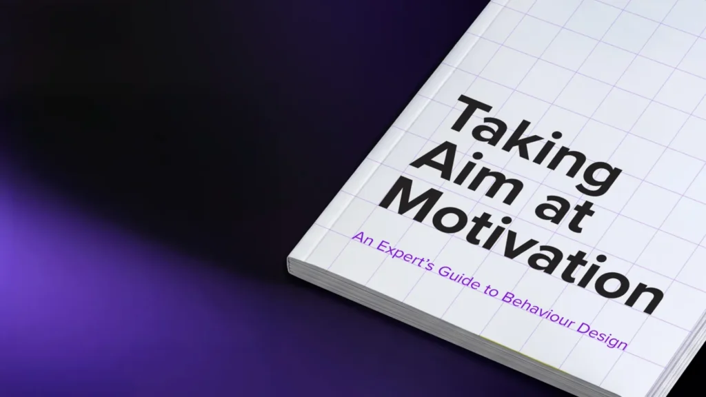 Cover of Taking Aim at Motivation, an Expert's Guide to Behaviour Design from Sparks, on a purple gradient background